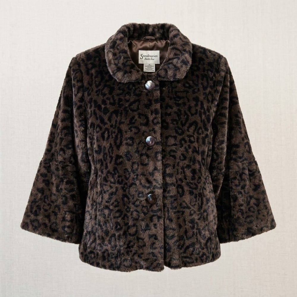 Scandinavian Faux Fur Leopard Swing Coat Jacket Bell Sleeve Womens Mob Wife Glam